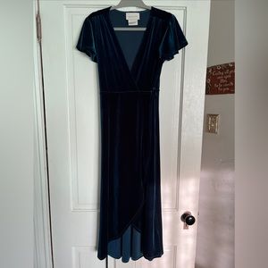 Anthropologie BHLDN Crushed Velvet Thrive Dark Teal Wrap Maxi Dress Small S